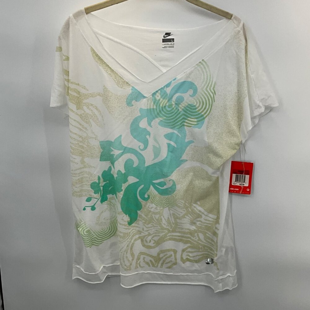 Nike Women's Active‎ V-Neck Graphic Tee White/Green/Blue Size L